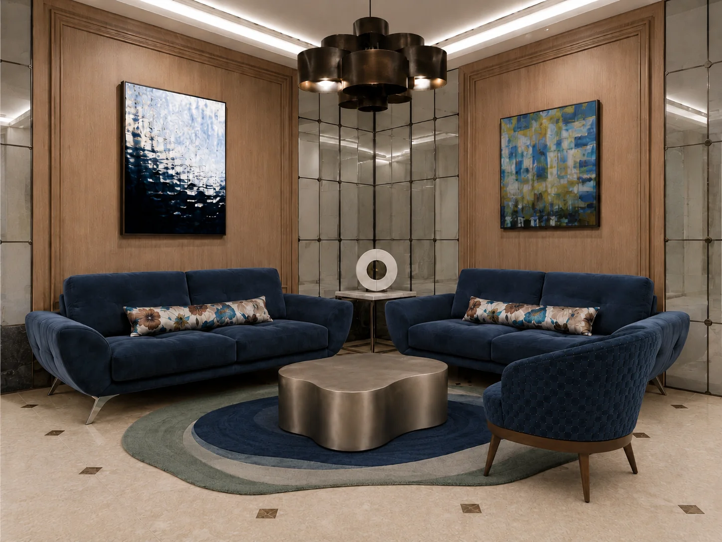 Residential lobby with blue seating, custom rug, bronze lighting, and contemporary paintings